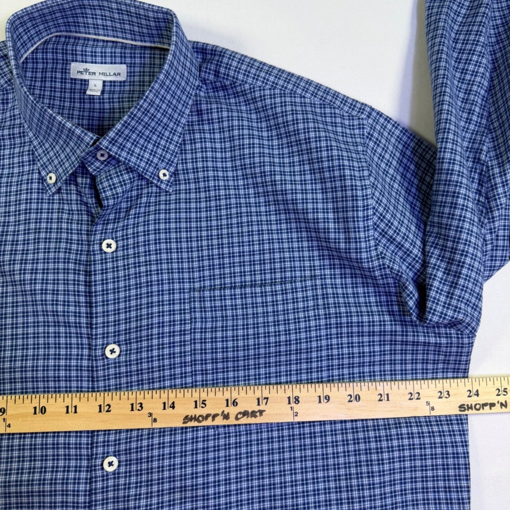 Peter Millar Mens Blue Micro Check Cashmere Blend Button Down Shirt Large - Picture 11 of 13